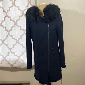 Calvin Klein Navy Trench Coat with Black Fur Collar
